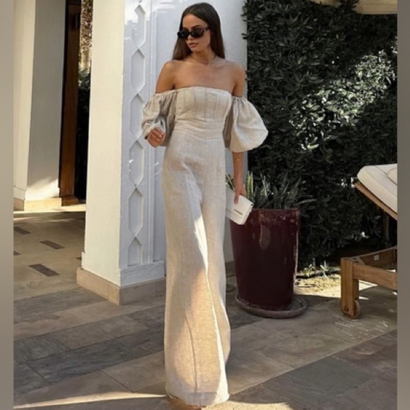 Commense Pants - Commense Linen Blend Off-Shoulder Puff sleeve Jumpsuit